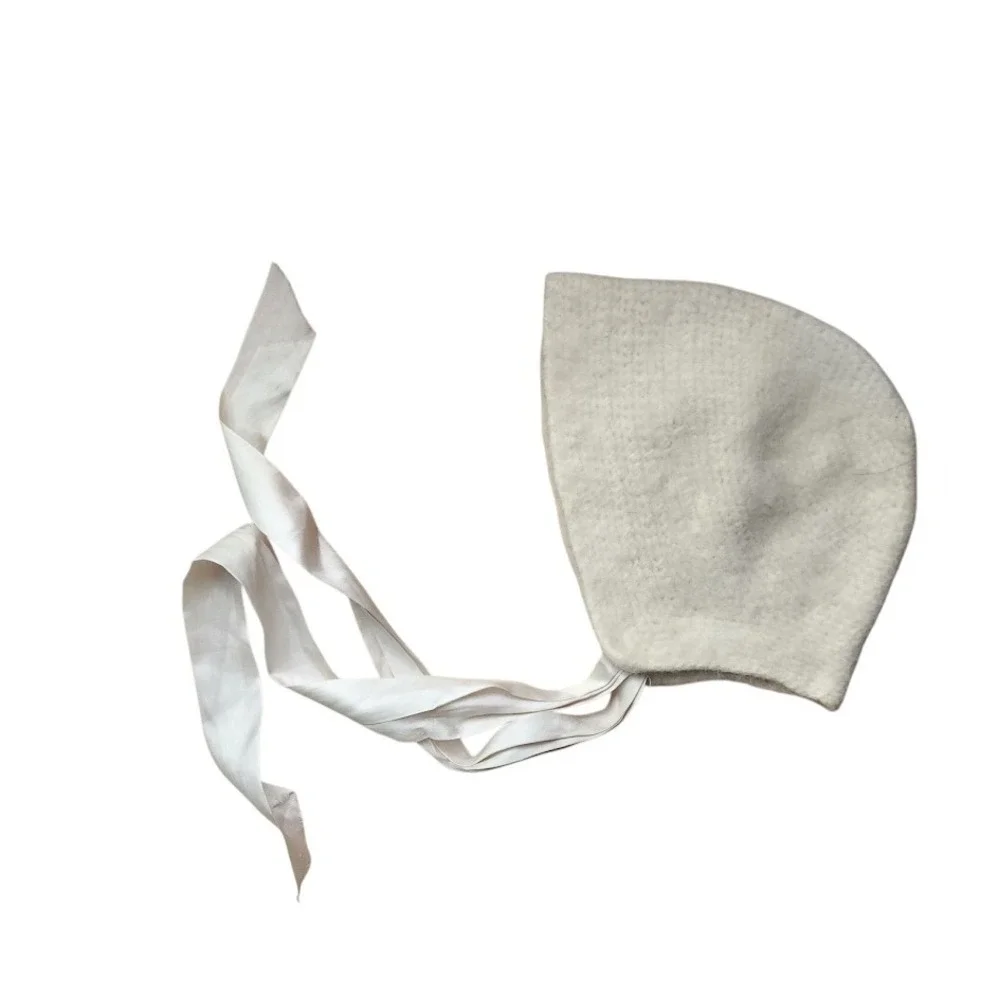 VINTAGE 60s Cream Angora Blend Baby Bonnet with Satin Ribbon Ties Toddler‎